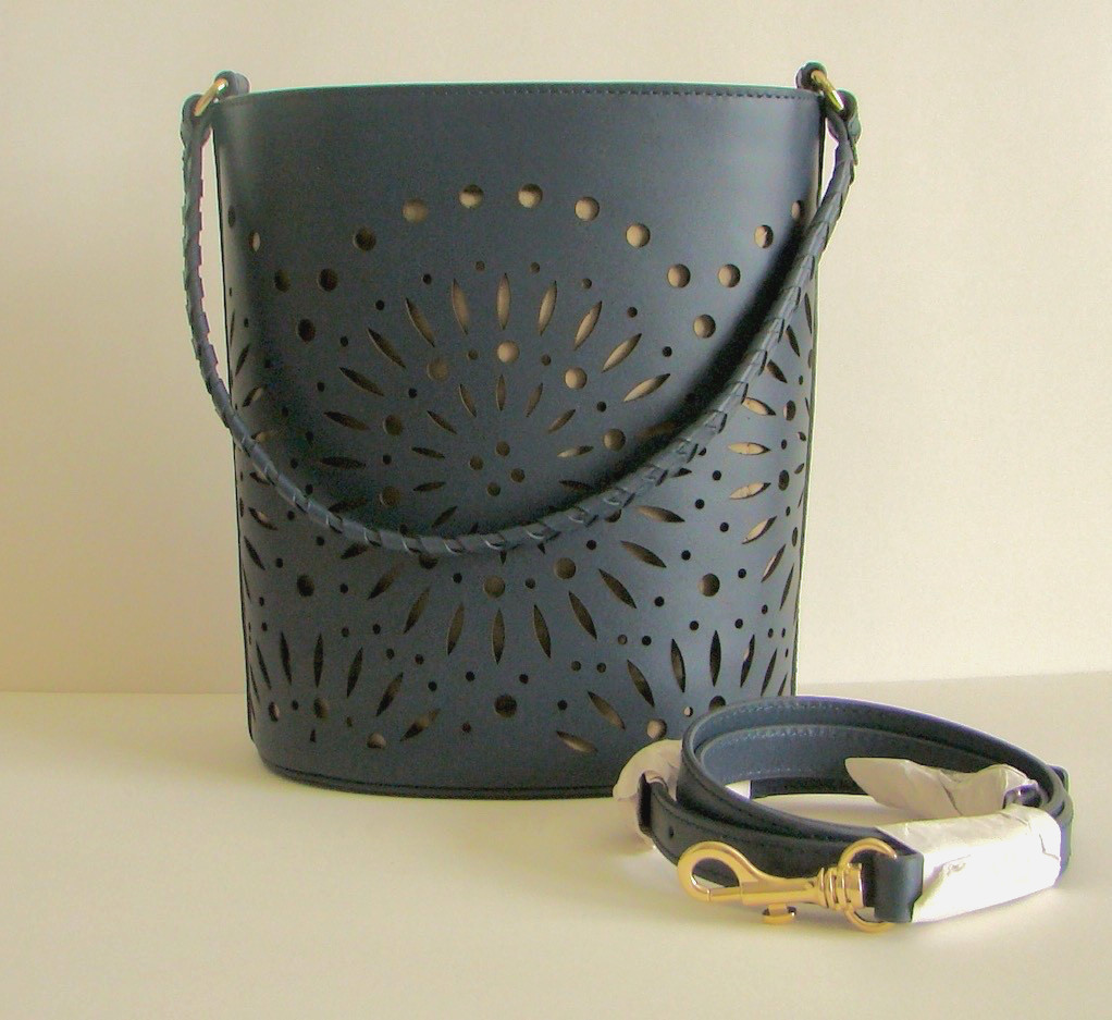 Blue Leather Bucket Bag- Laser Cut- Crossbody Strap-Polka Dot Liner-EUC