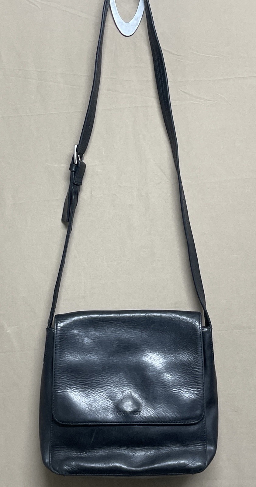 Nine West Black Glaze Genuine Leather Flap Crossbody/Shoulder Bag Handbag Purse