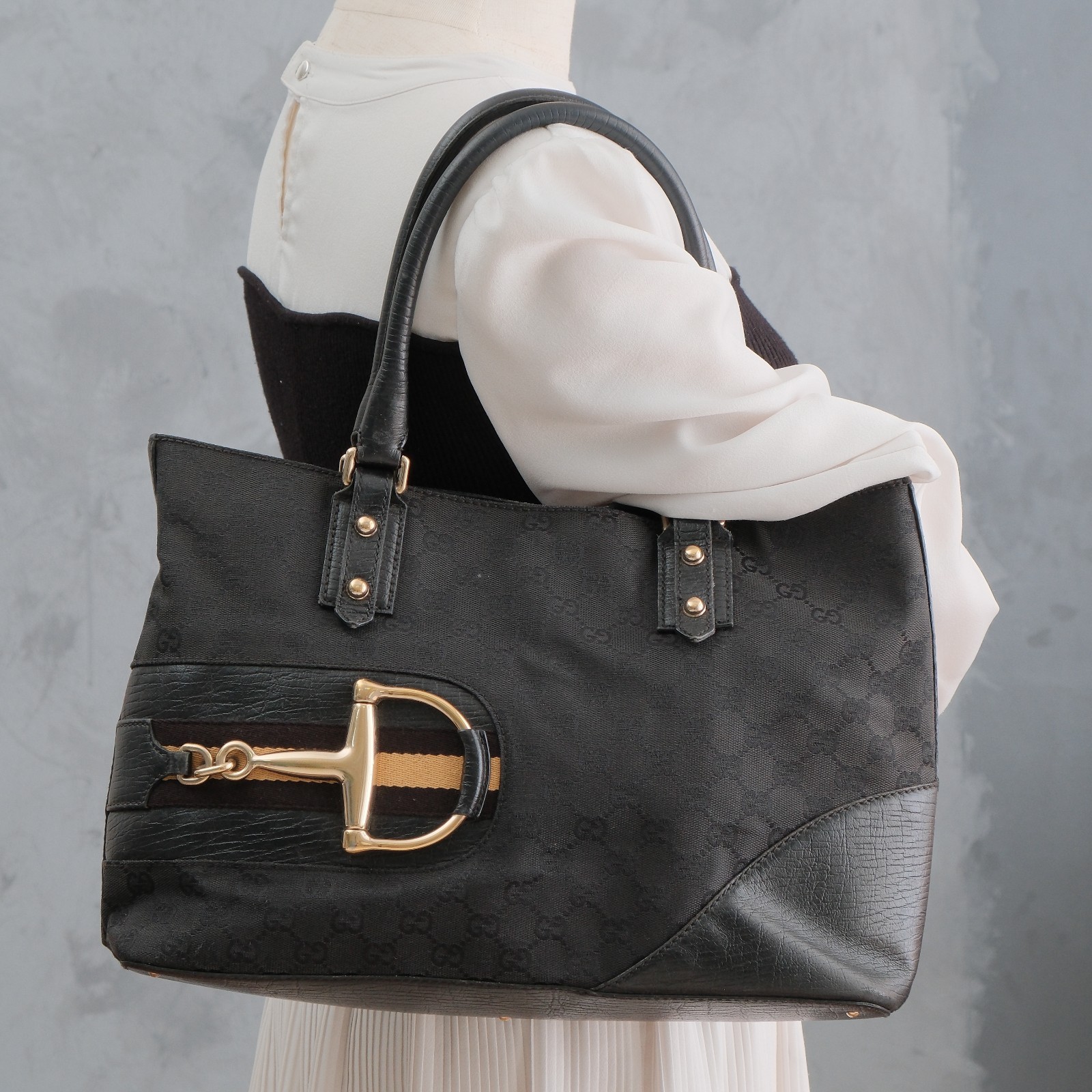 GUCCI Tote Hand Shoulder Bag Horsebit GG Sherry Line Black