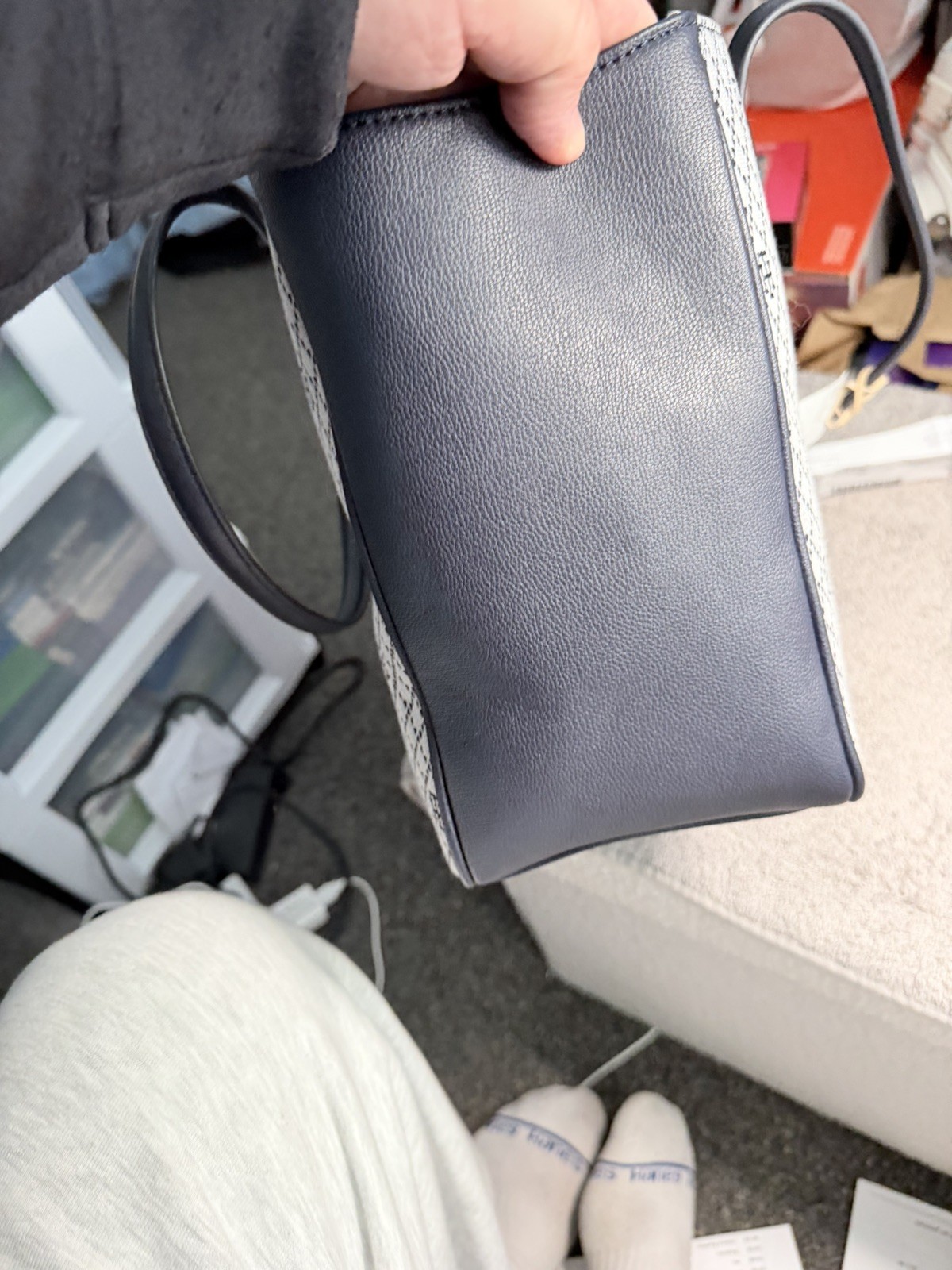 Tommy Hilfilger Tote Bag- Blue / Gray- Gold Emblem- Zipper Top/Inner Pocket