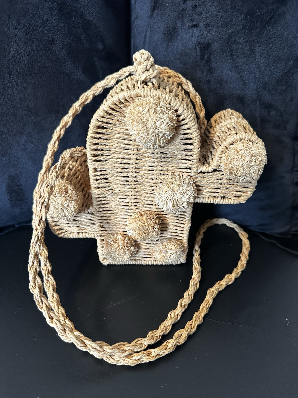 Cactus Woven Straw Raffia Crossbody Bag Beige Pom Pom