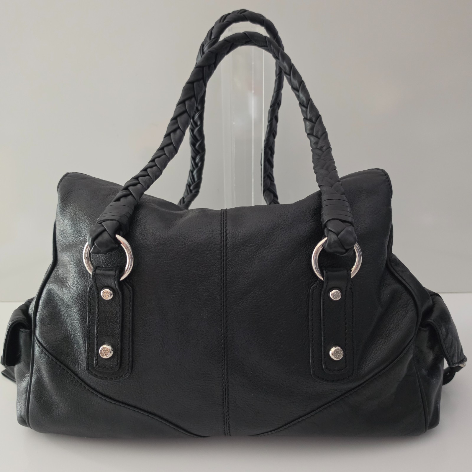 Francesco Biasia Shoulder Bag Large Satchel Black Leather Braided Secret Love