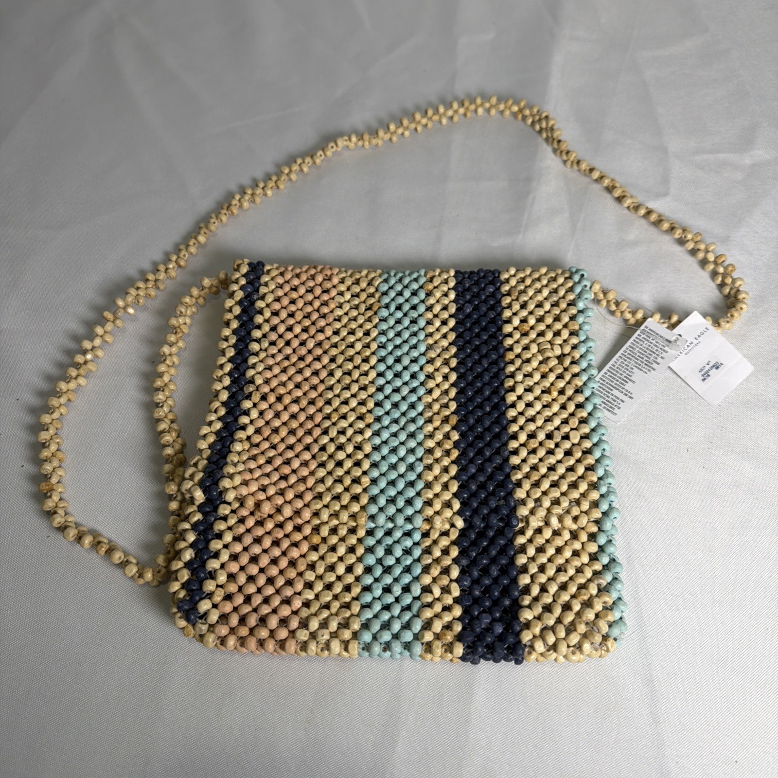 NWT American Eagle AEO Wood Bead Crossbody Shoulder Bag Purse Blue Pink Stripe