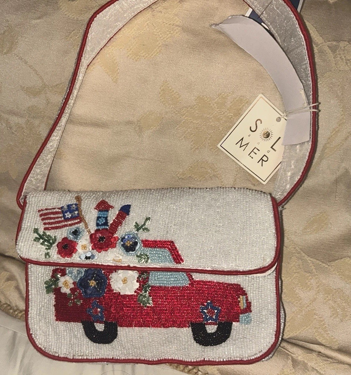 New Release Sol & Mer July 4th Red White Blue American Flag/Truck Beaded Purse
