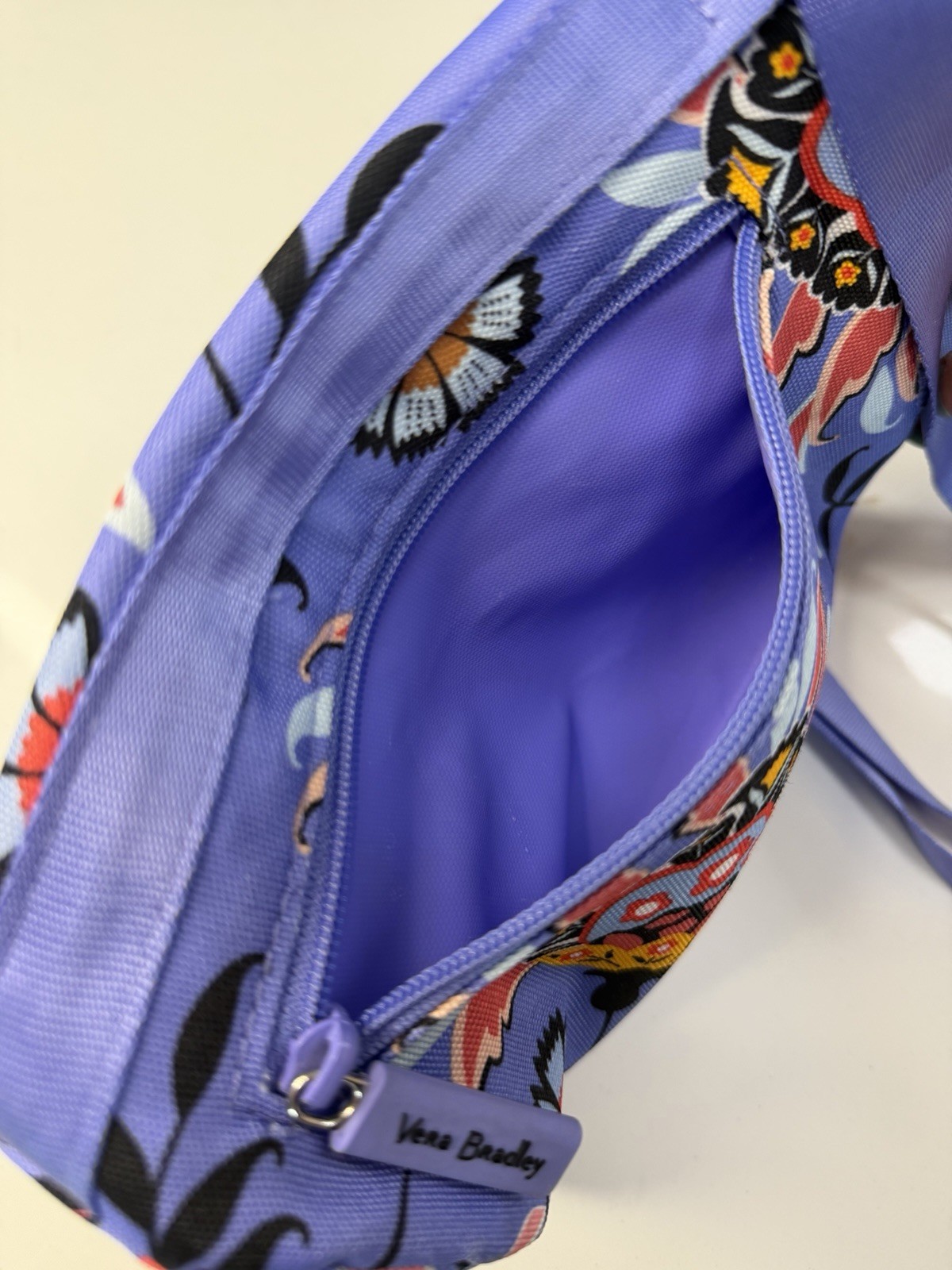 Vera Bradley Water Bottle Holder Crossbody Bag Purple Mural Garden Zip Pocket