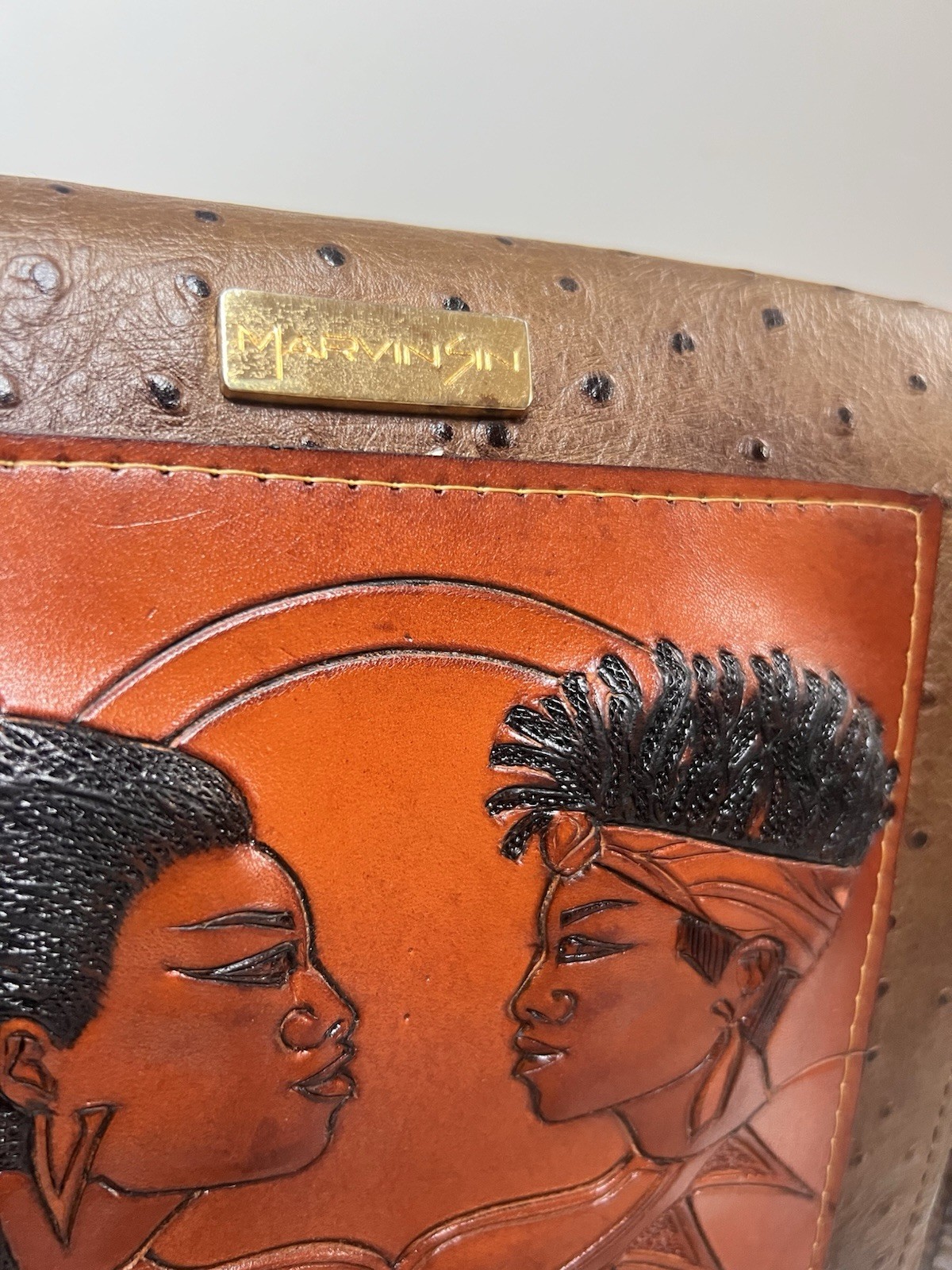 Marvin Sin Hand Tooled Leather Crossbody Bag Signed Artist African Portrait VTG