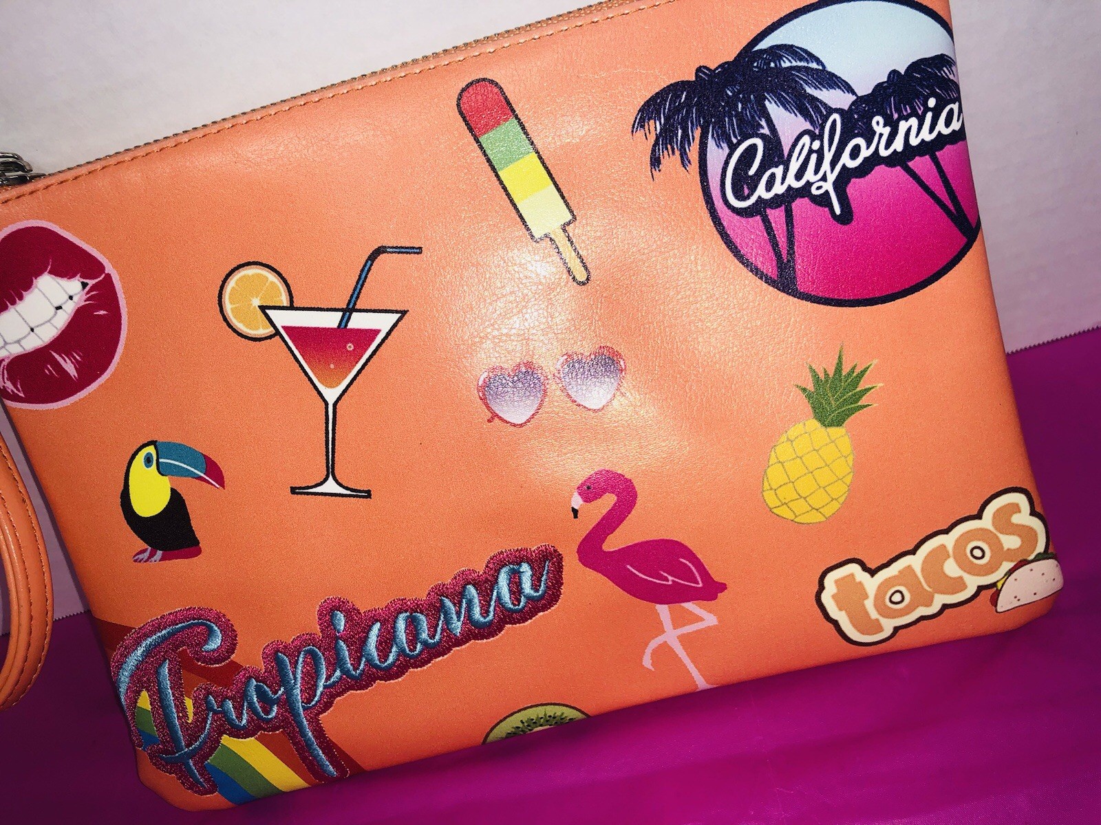 Tropical Sticker Pouch Bag Summer California Orange Pink Flamingo Accessories
