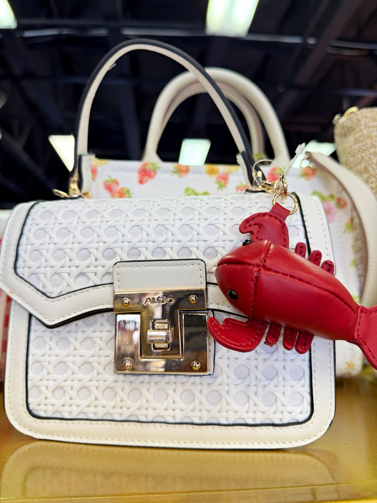 ALDO Women’s White Small Woven Top Handle Bag Clasp Closure Gold Crab Charm