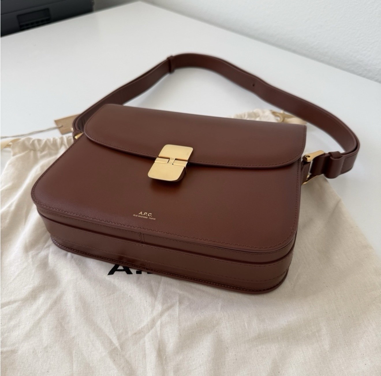 A.P.C. Grace Brown Small Crossbody Bag Gold Clasp Adjustable Strap Dust Bag