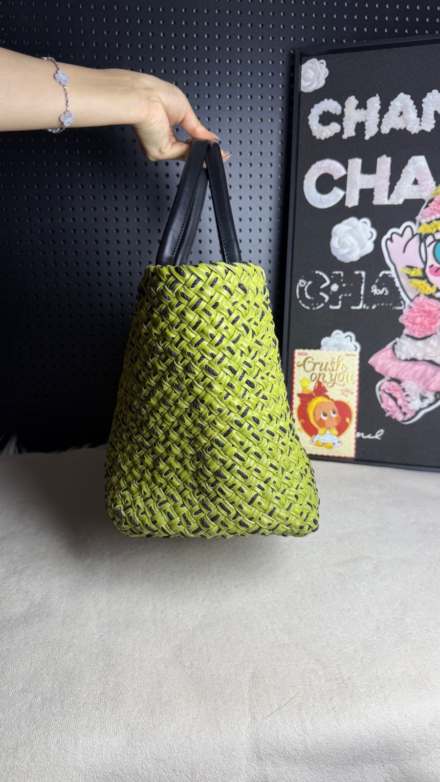 Bottega Veneta Cabat PM Green/Black Tote Bag Intrecciato Nappa Leather Auth