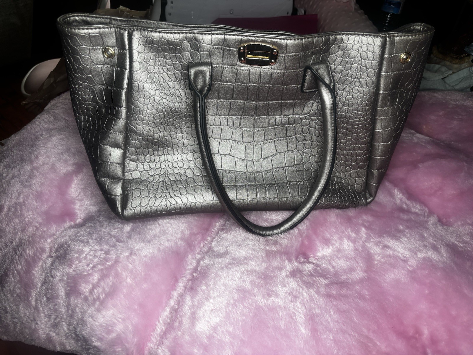 Black Croc Embossed Tote Bag Double Handles Gold Hardware Buckle Bottom Studs