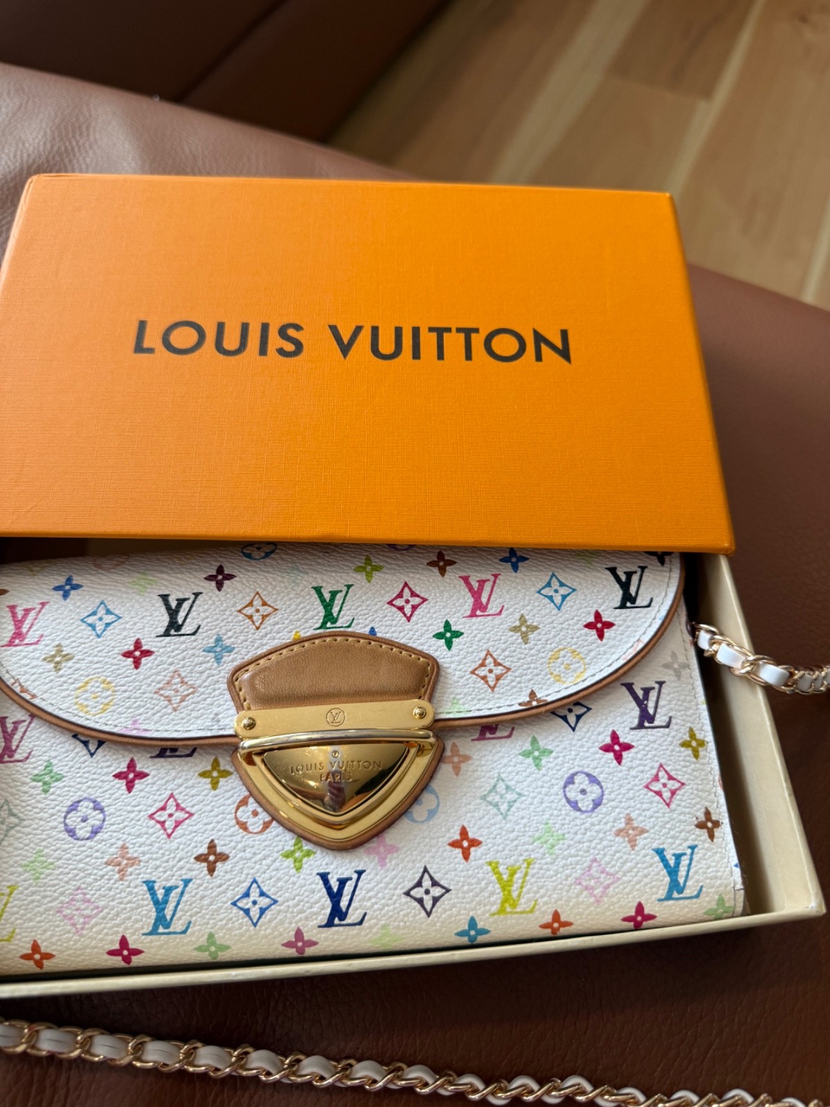 Authentic Louis Vuitton Eugenie Wallet on Chain White Multicolor Murakami M60050