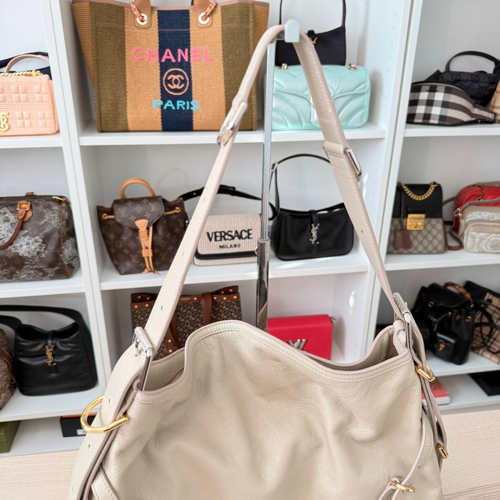 Givenchy Tumbled Calfskin Medium Voyou Bag Beige