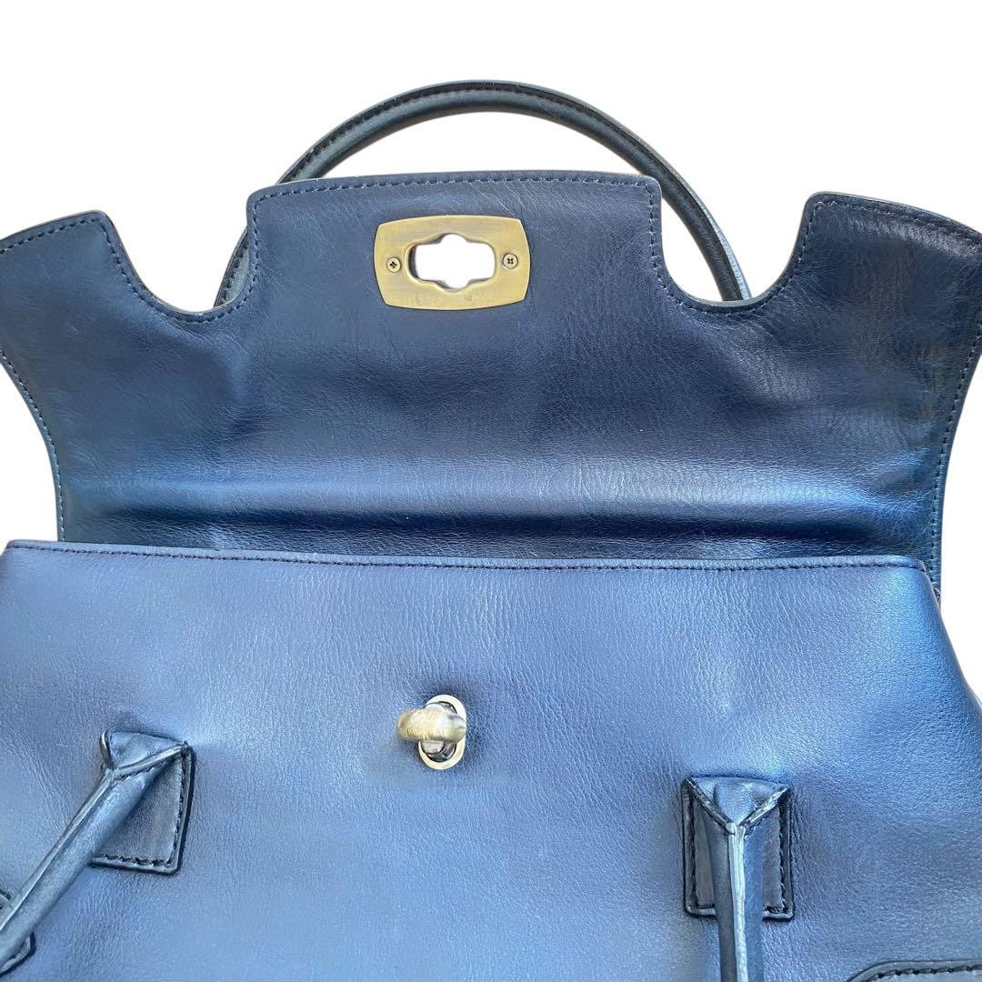 Tsuchiya Kaban Navy Leather Turn Lock Tote Bag Women Lightweight Auth