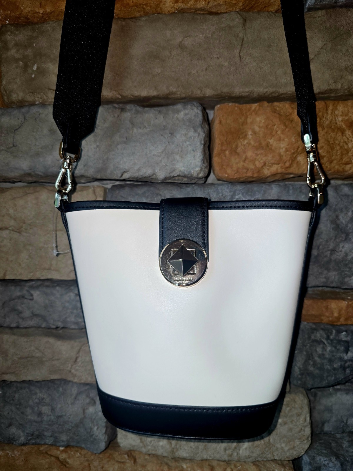 KATE SPADE Ivory & Black Leather Audrey Mini Bucket Crossbody Bag K8103 NWOT **