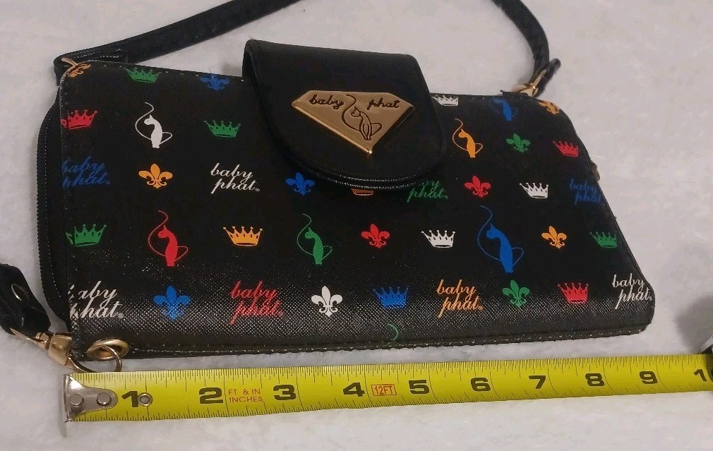 Baby Phat Cat Crown Black Crossbody Wristlet Y2K Clutch Handbag 9″ x 5.5″