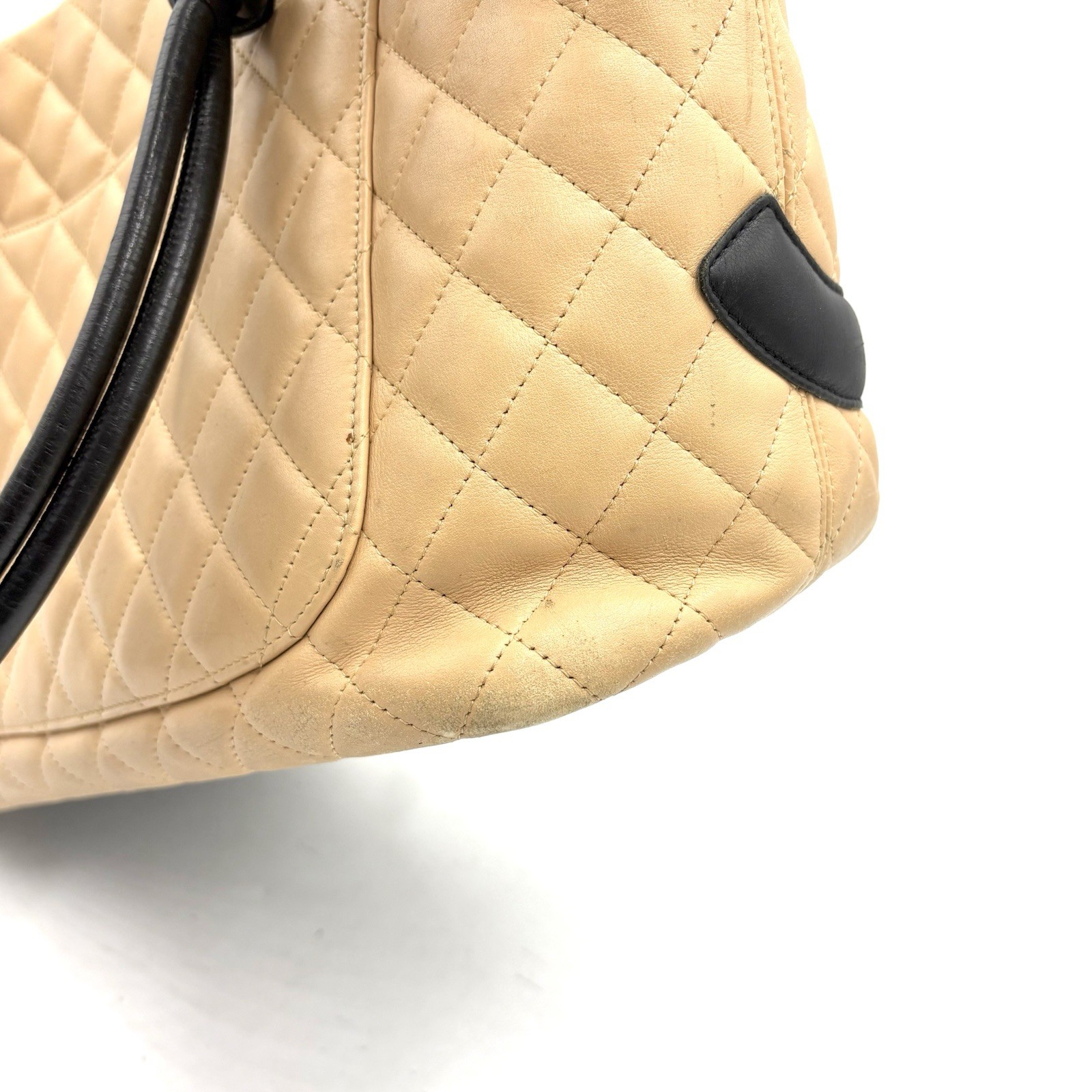 Auth CHANEL Cambon Line Large Tote Bag Beige Black Serial Sticker 2Y8885