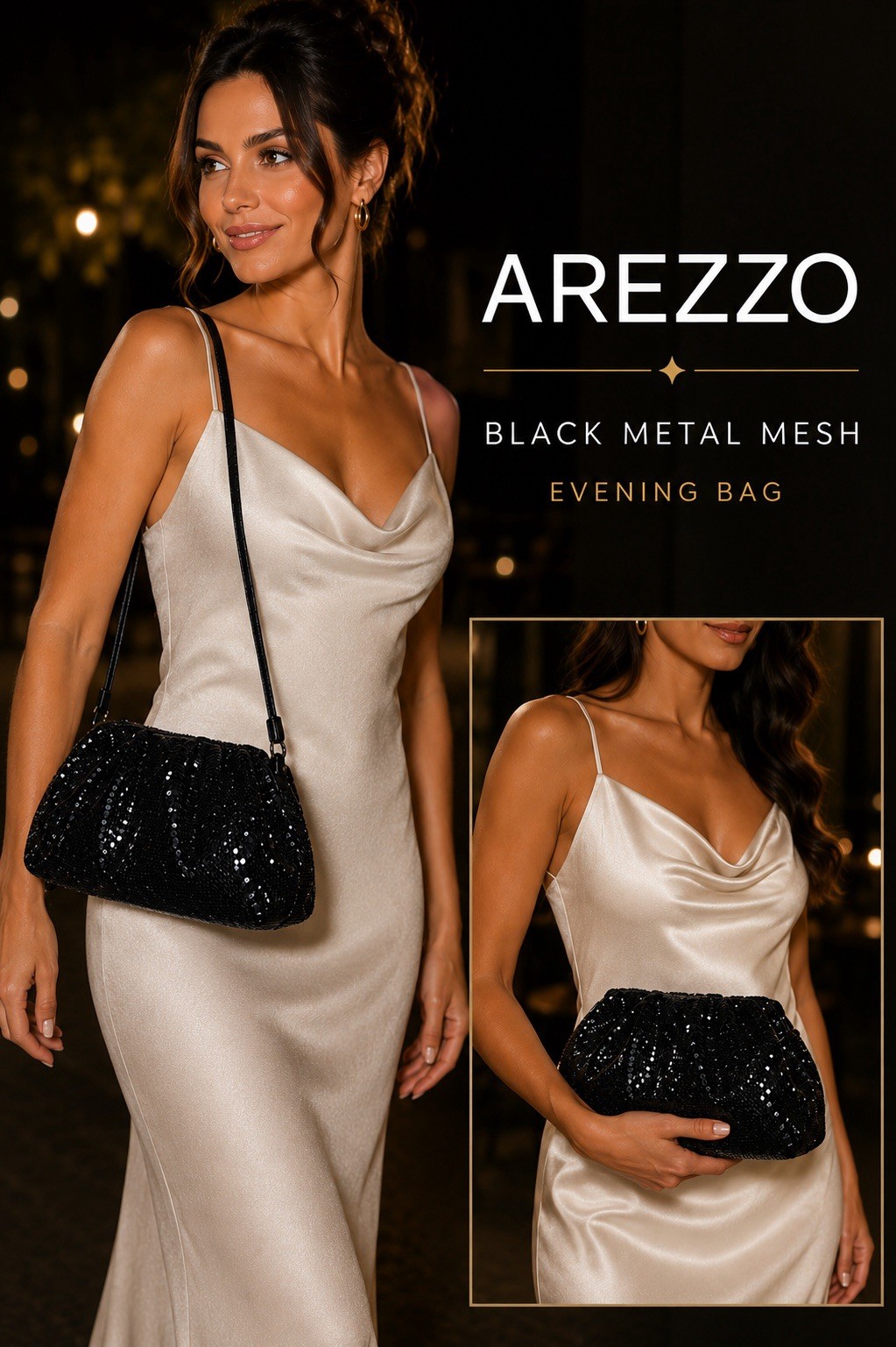 Arezzo NWOT Black Metal Mesh Evening Bag Clutch Shoulder Purse Removable Strap
