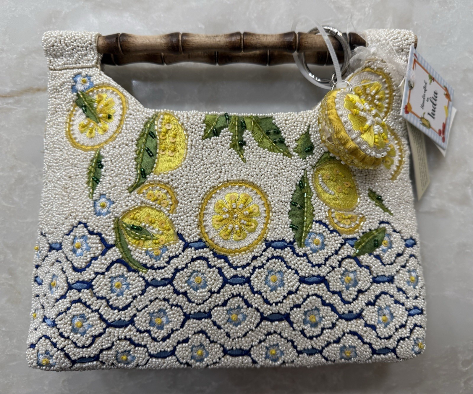 NWT Viral Bamboo Handle Beaded Lemon HangBag Amalfi Coast Handcrafted in india