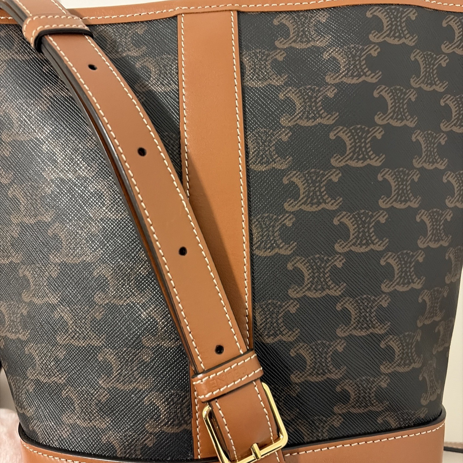 Authentic Pre-owned Celine Small Triomphe Canvas Leather Bucket Crossbody Bag
