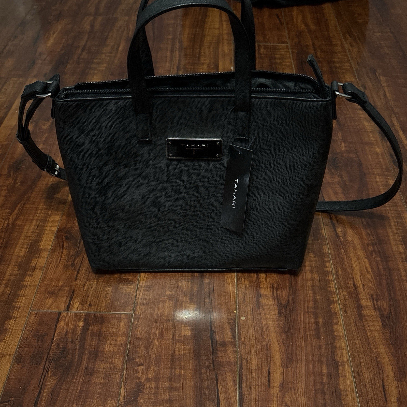 Tahari Tote Black Zip Closure Double Handles Shoulder Strap with Zipper Accent