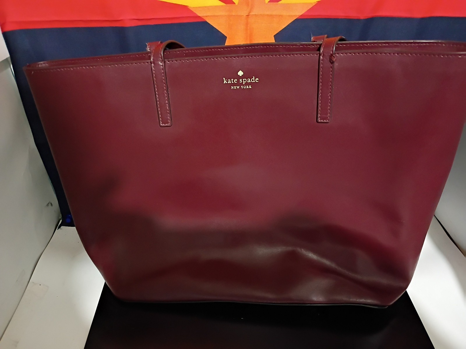 Kate Spade New York Leather Tote Bag Burgundy Plum Top Zip Shoulder Bag