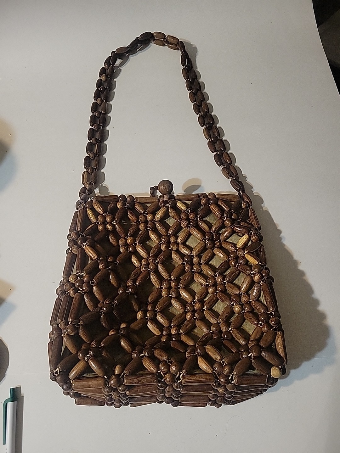 Vintage 1960s-70s Korean Wooden Bead Handbag Boho Shoulder Purse Made in Korea