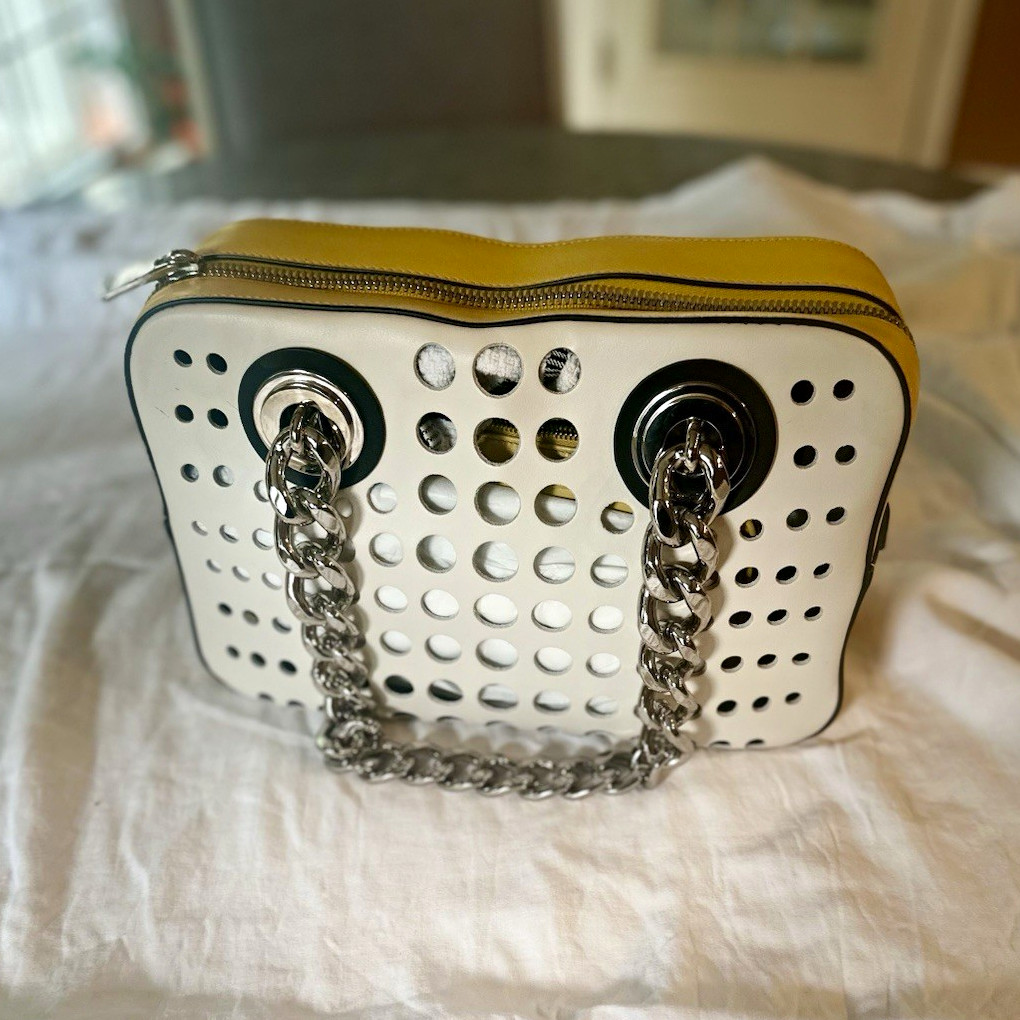 PRADA Shoulder Bag Yellow White Solid Rectangle Zip Silver Chain Coin Purse