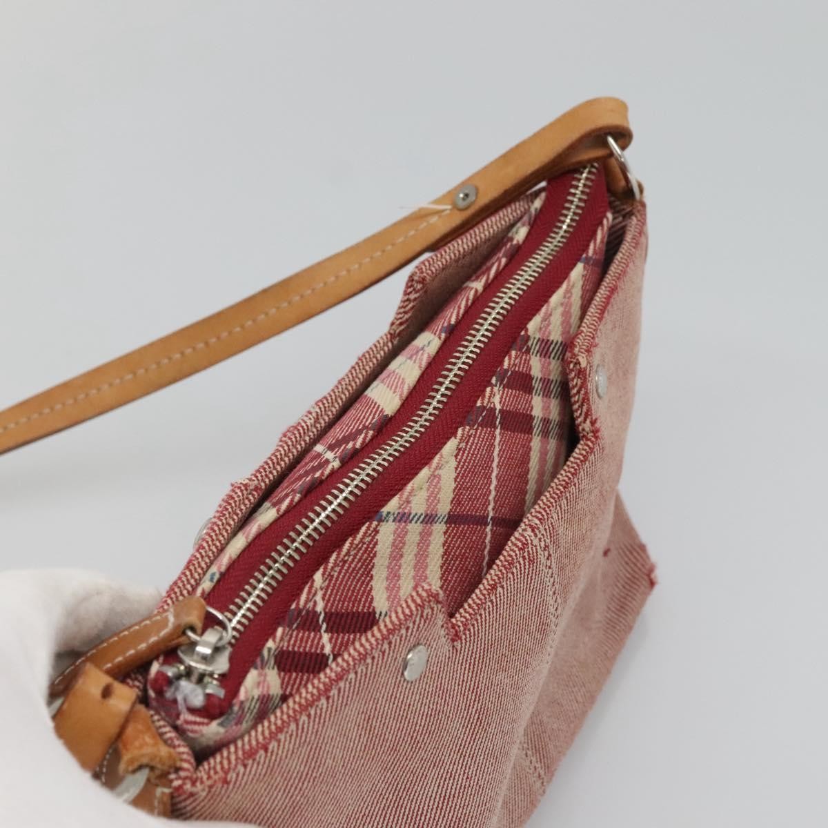BURBERRY Nova Check Blue Label Shoulder Bag Canvas Red Silver Auth ti3084