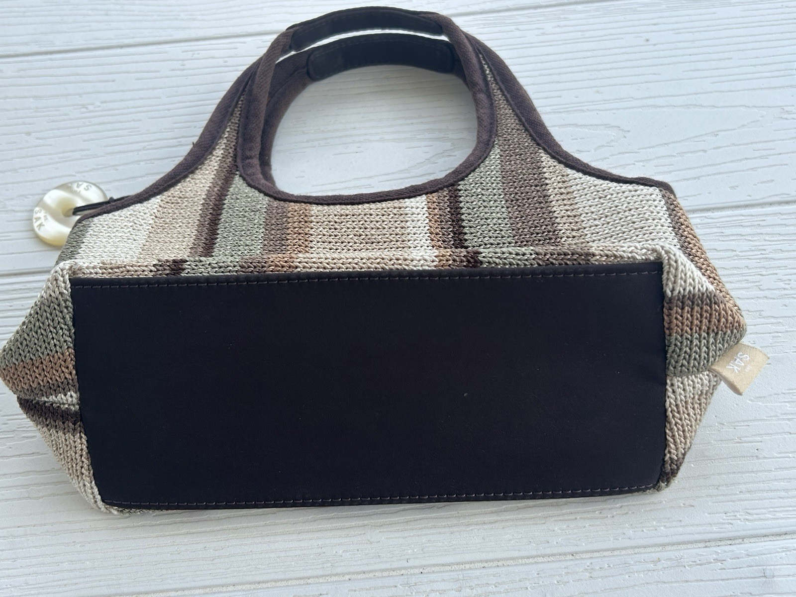 The Sak Oatmeal Crochet Knit Purse Hand Bag Lined Flap Closure Zip Pocket