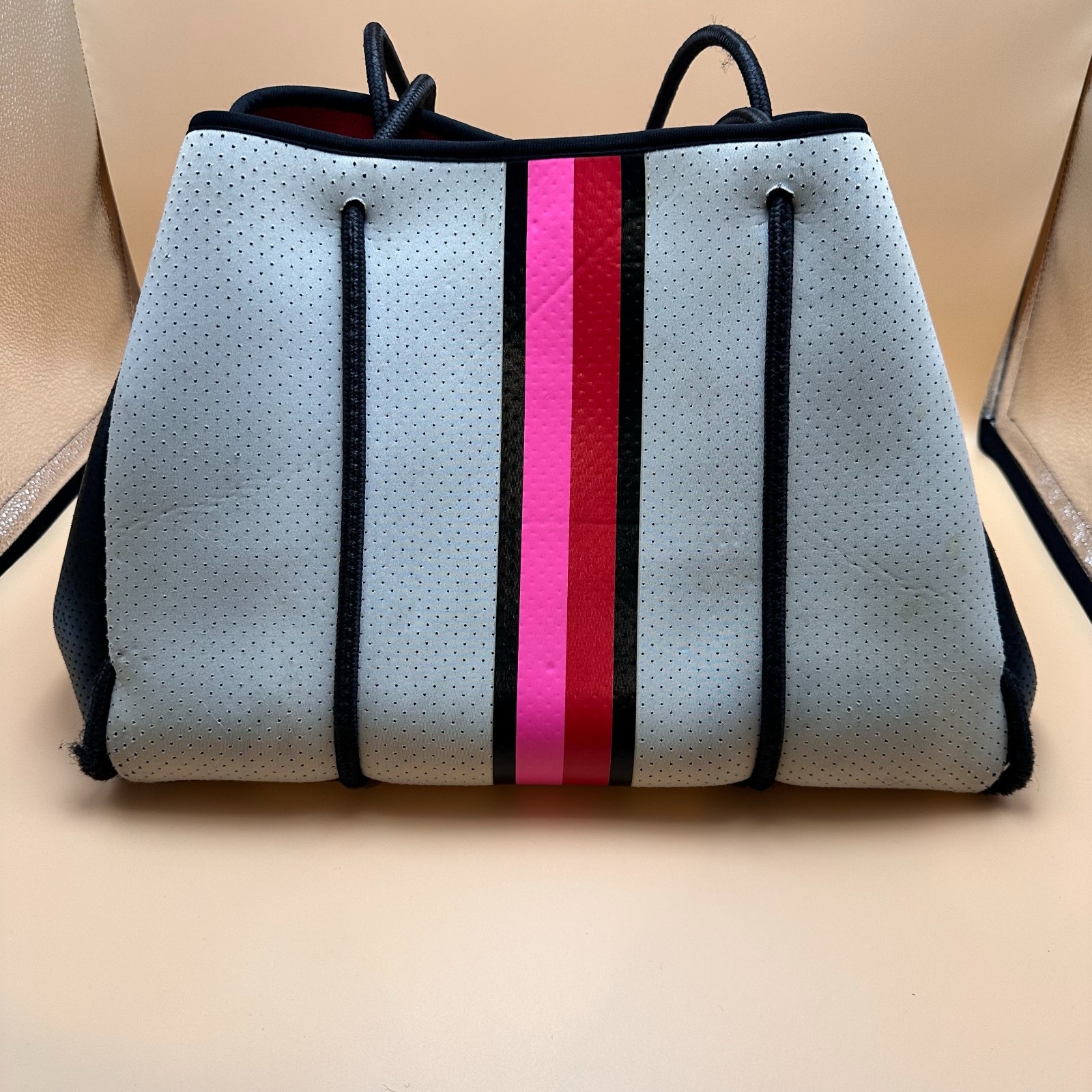 Haute Shore Neoprene Tote Bag Gray Pink Stripe Shoulder Handbag