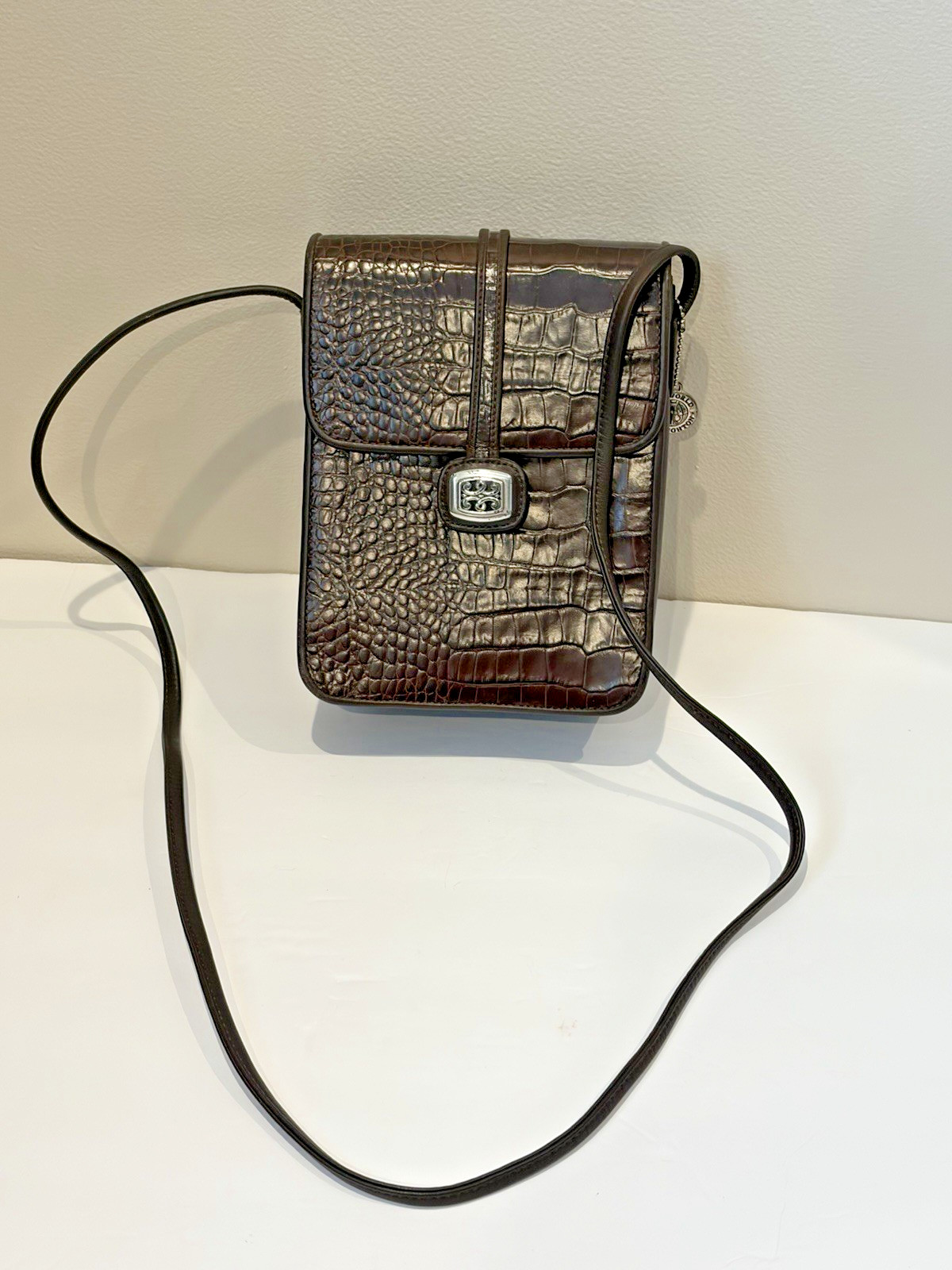 Vintage Brighton One World Crown Croc Embossed Leather Crossbody Handbag
