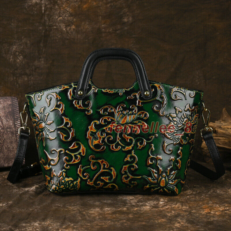 Women Genuine Cow Leather Shoulder Bag Handbag Purse Flower Embossed Tote Travel