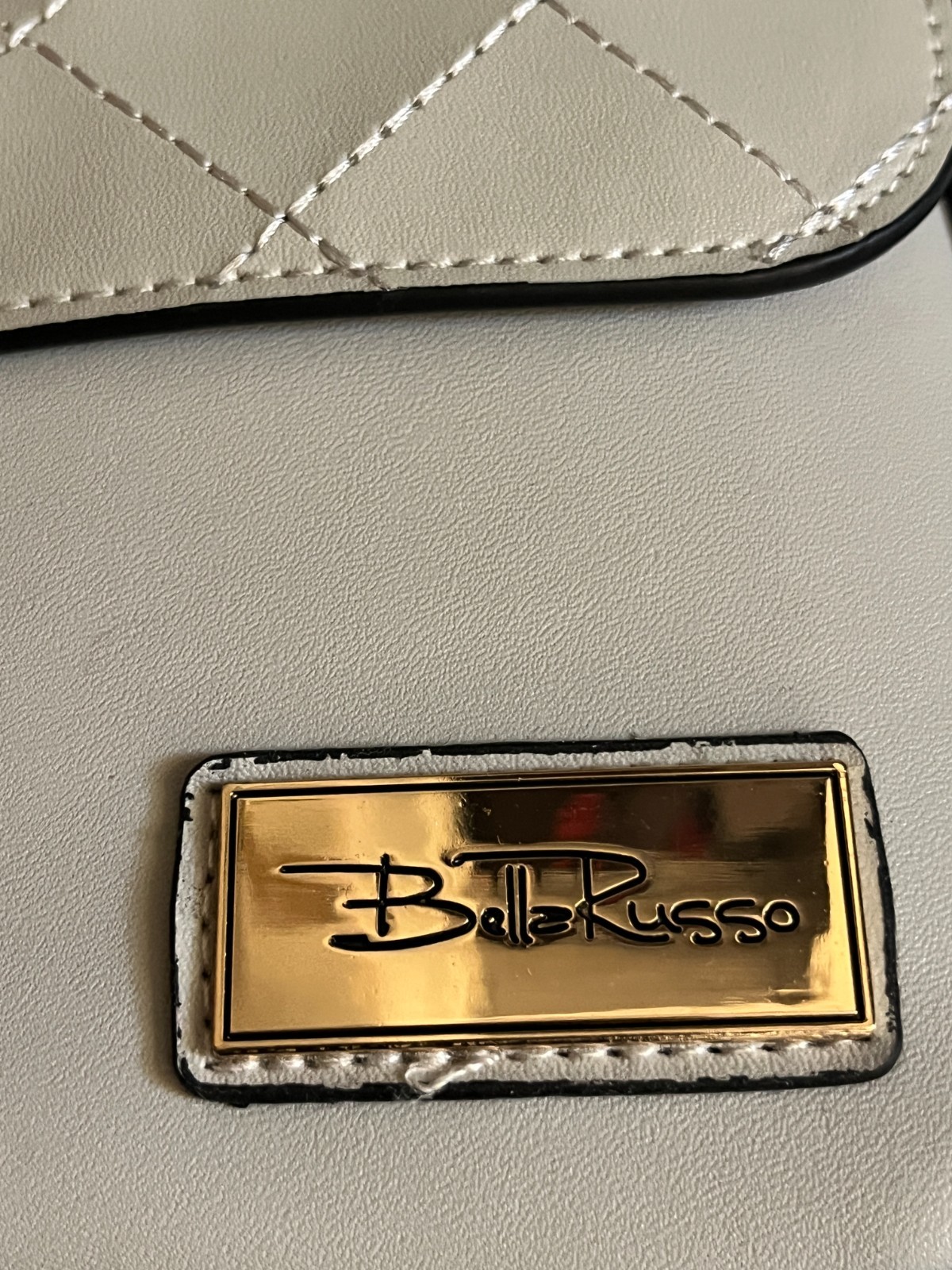 Bella Russo Purse Small Handbag Light Gray Gold Hardware Removable strap.