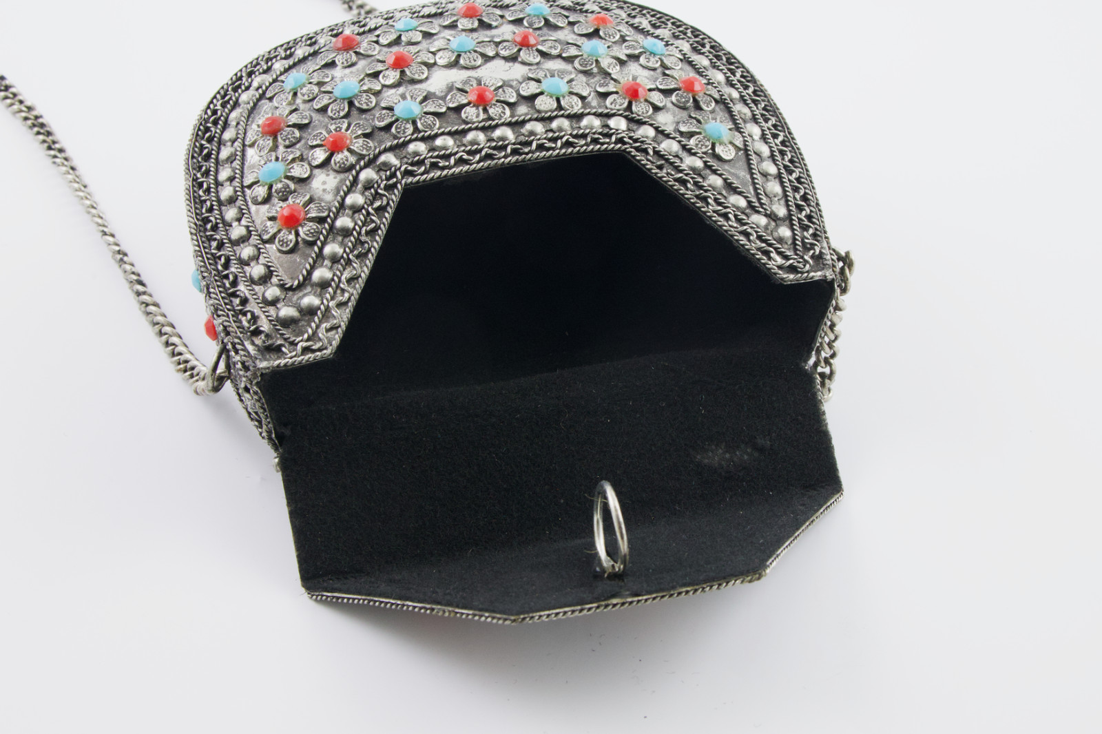Sajai India Silver Tone Metal Floral Scroll Beaded Crossbody Purse For Repair