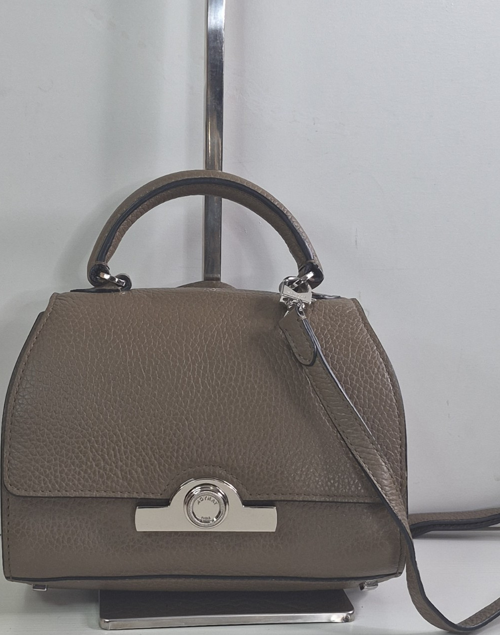 Moynat Taupe Pebbled Satchel Top Handle Turn Lock Logo Accent Silver HW