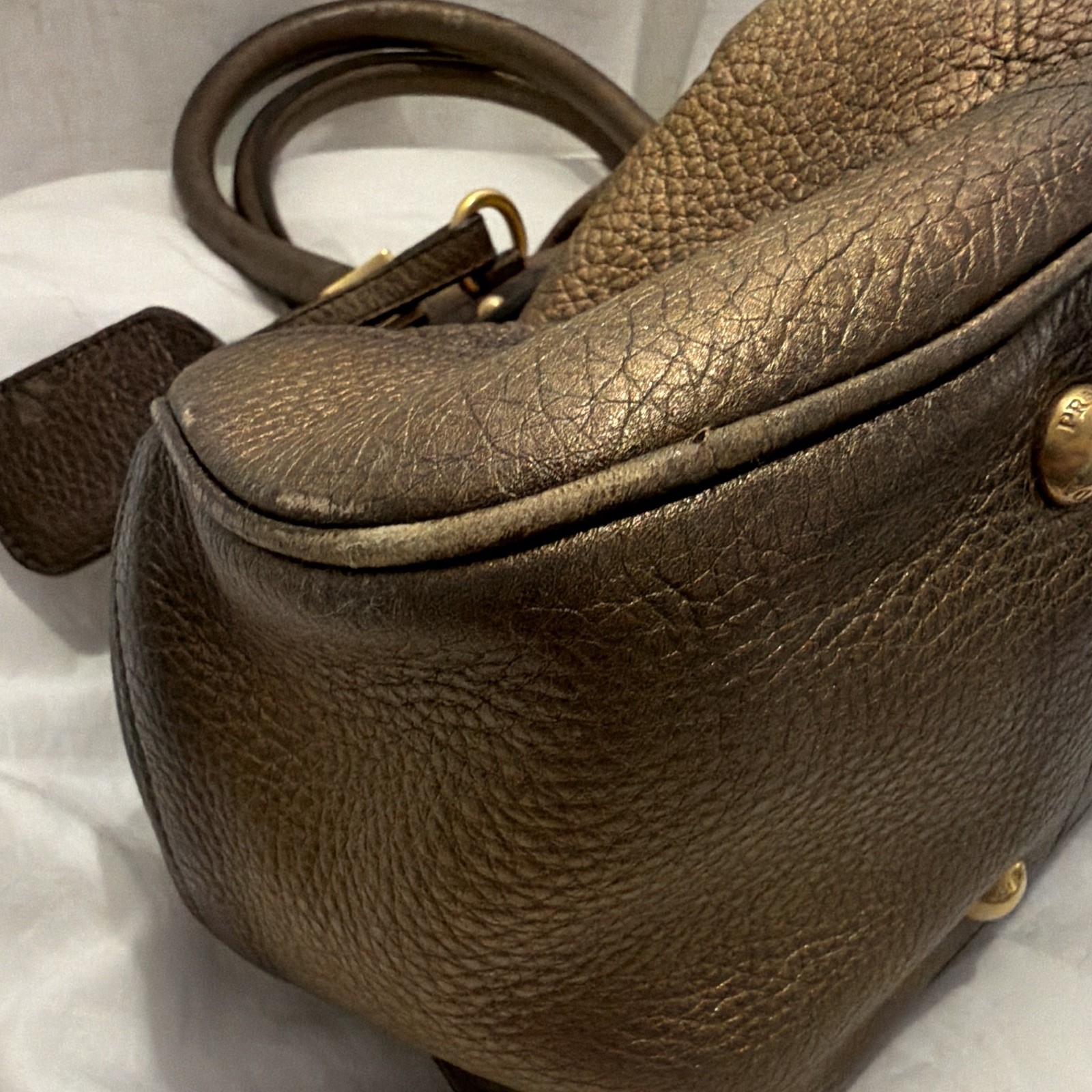 PRADA Brown Pebbled Satchel Top Handle Double Handles Zip Logo Bag Charm