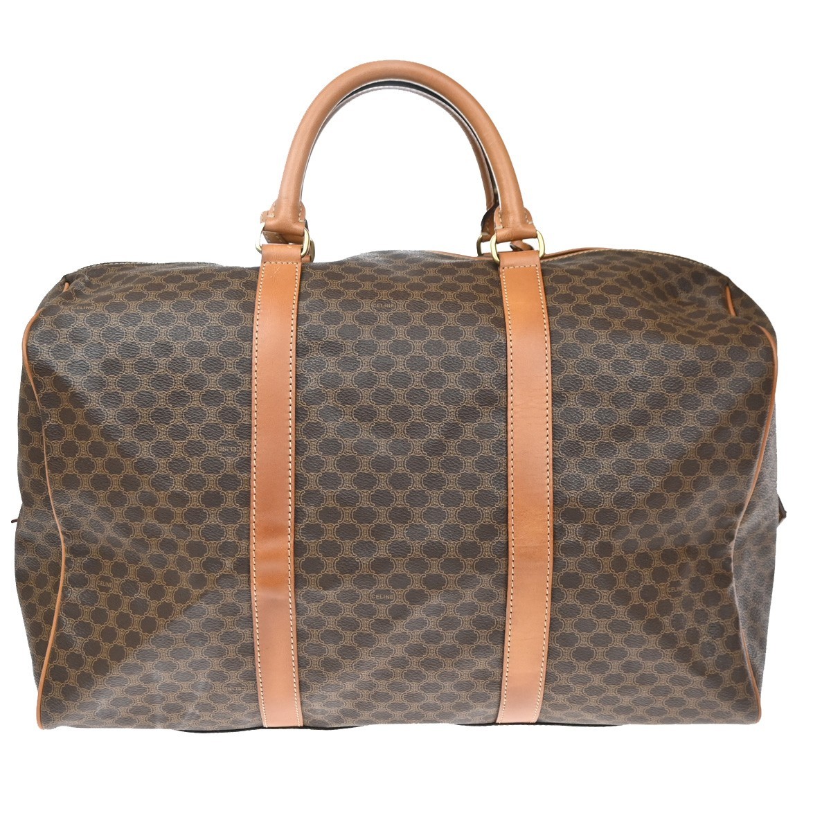 CELINE Logo Macadam Pattern Boston Hand Bag PVC Leather Brown GHW 30CA937