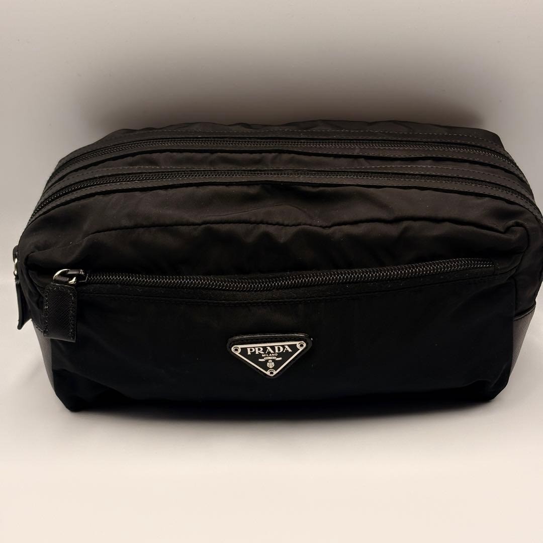 Prada Black Tessuto Nylon Saffiano Double Zip Necessaire Dopp Toiletry Bag Trave