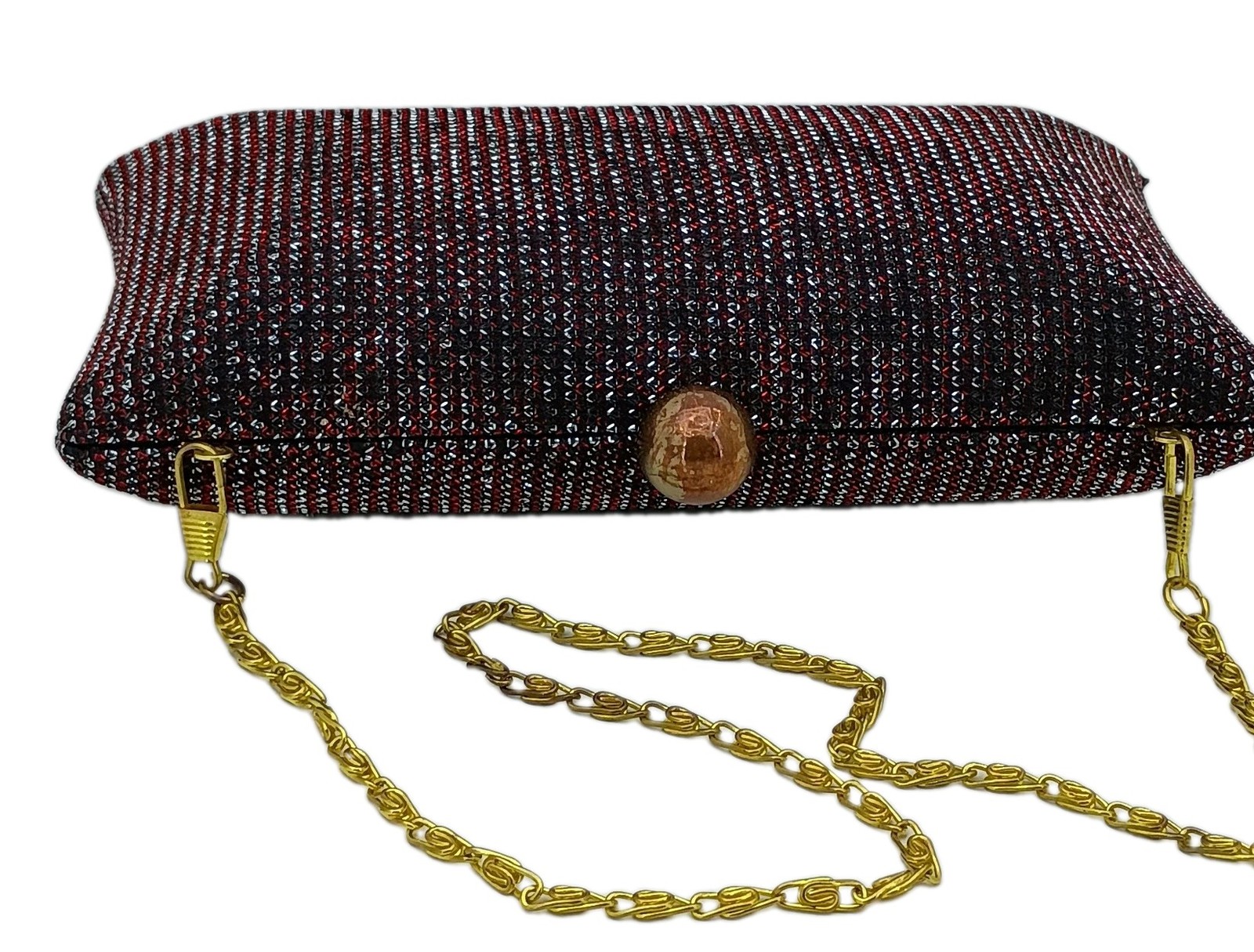 VTG JNB Black & Red Faux Rhinestone Hardshell Clutch Removable Gold Tone Chain