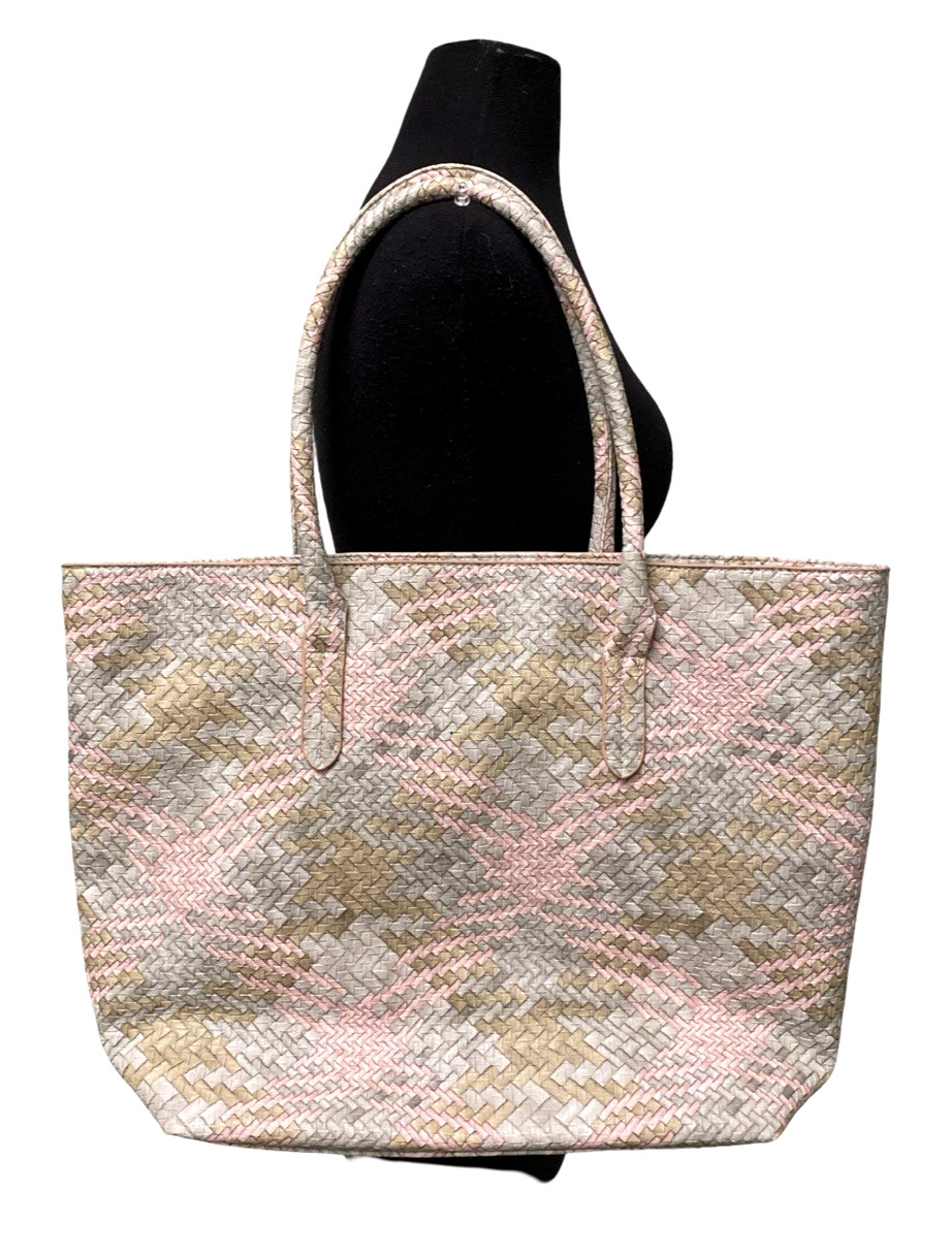 Charming Charlie Woven Tote Bag Pink Blue Green Pastel Zip Top Silver Feet