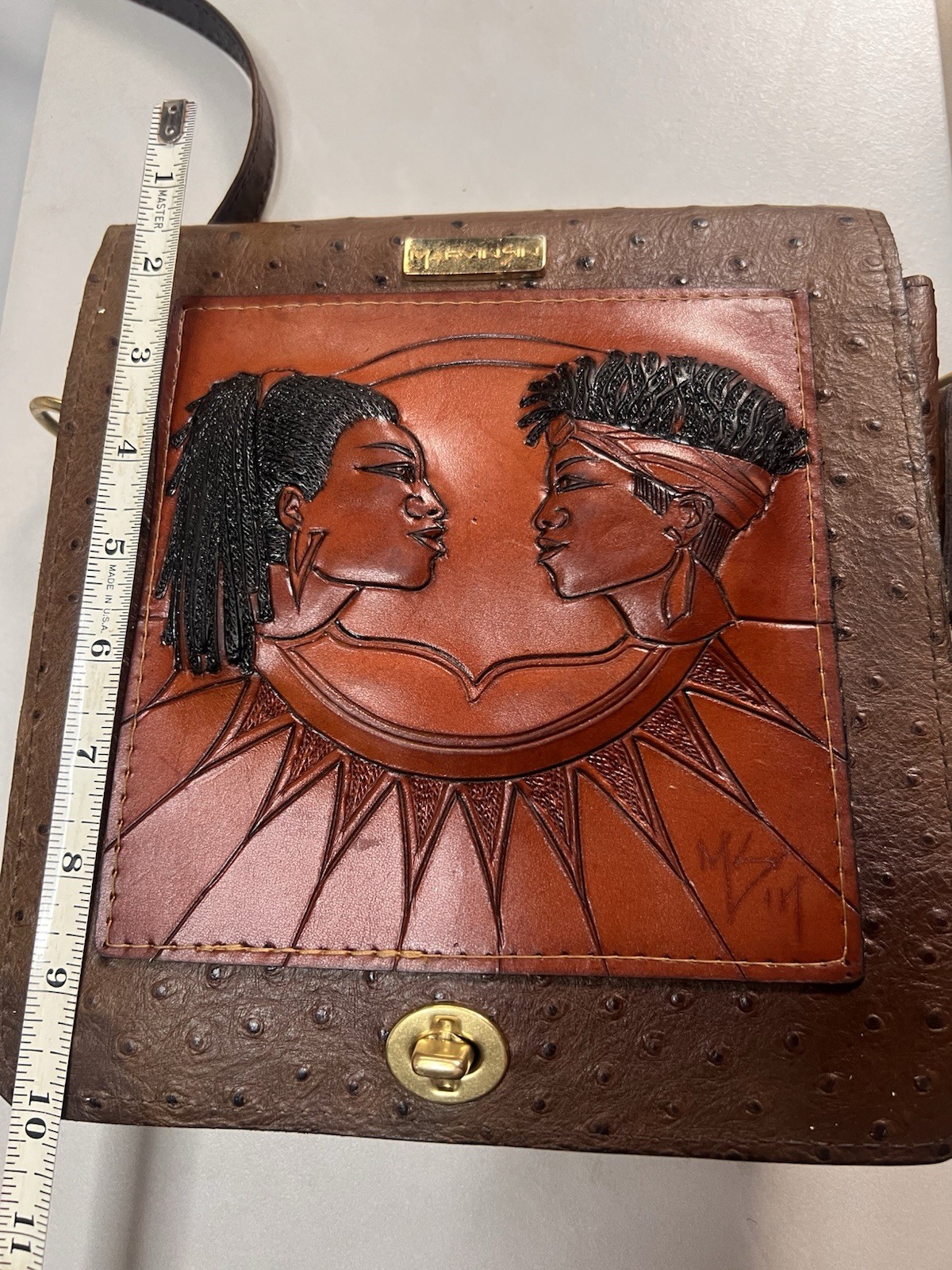 Marvin Sin Hand Tooled Leather Crossbody Bag Signed Artist African Portrait VTG