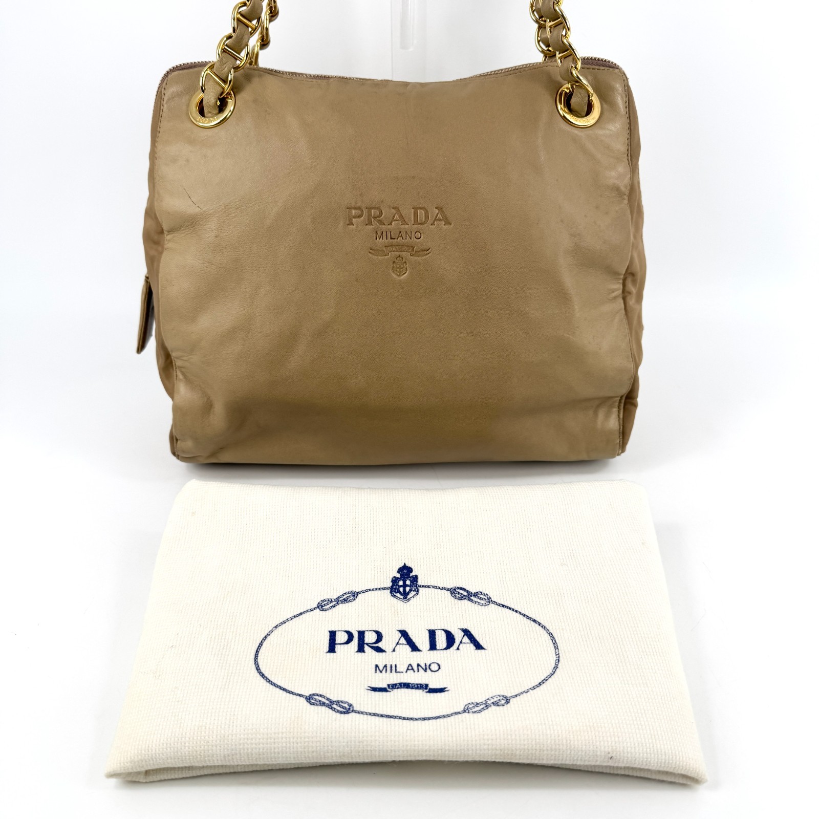 PRADA Double Chain Leather Shoulder Bag Embossed Authentic Beige From Japan