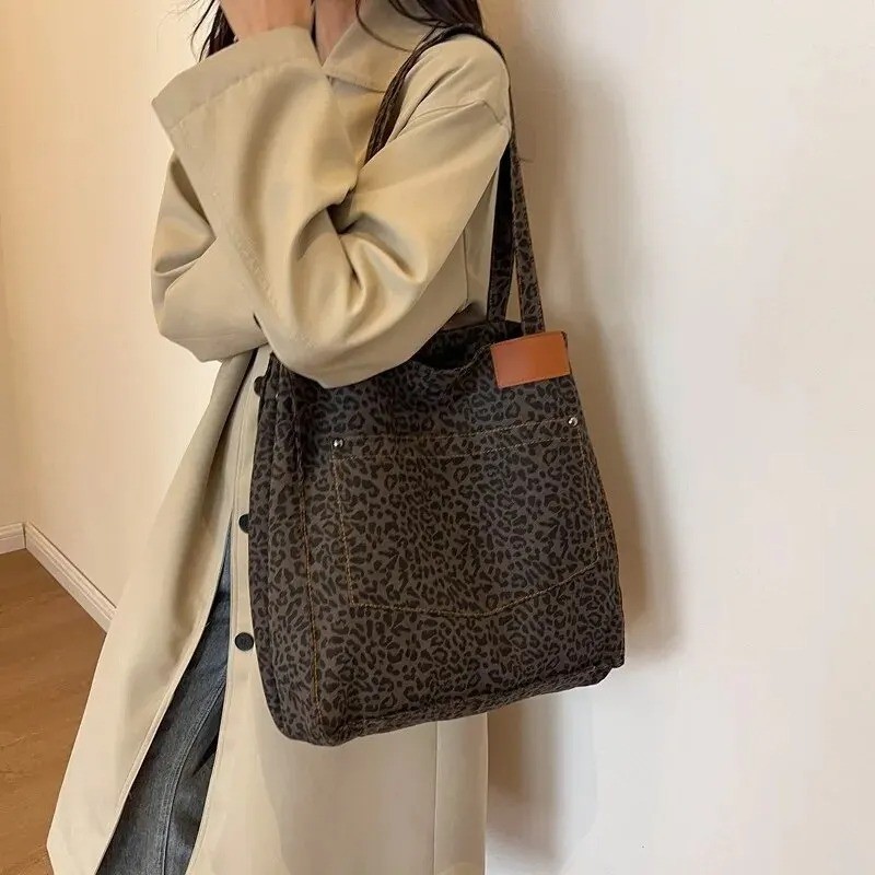 Vinatge Leopard Print Tote Bag Womens Large Canvas Shoulder Handbag Work Casual