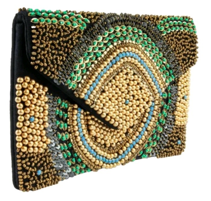 CAPELLI New York Beaded Clutch Bag Gold Turquoise Artsy Edgy Boho Magnet New
