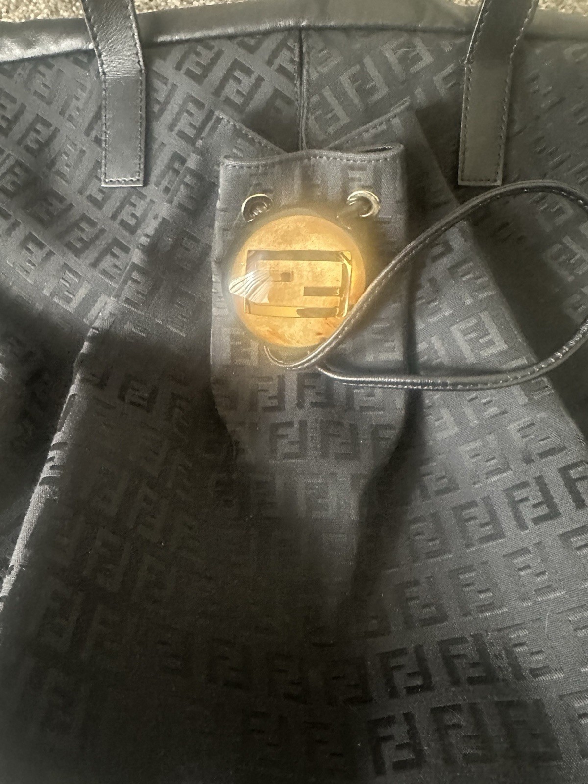 Fendi Black FF Monogram Tote Bag Drawstring Leather Double Handles Gold HW Dust