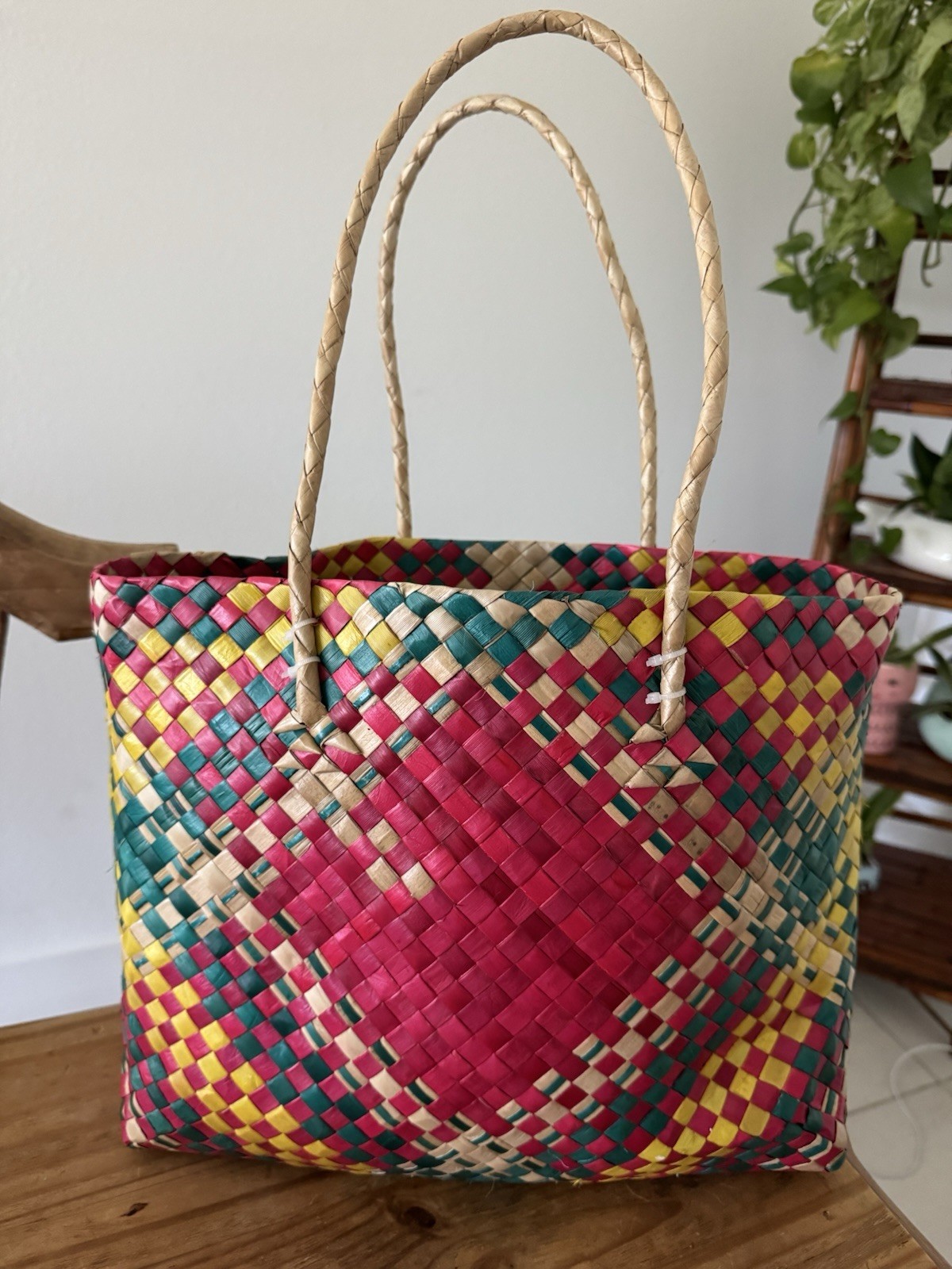 Handwoven Palm Tote Recycled Bag Multicolor Mexican Style