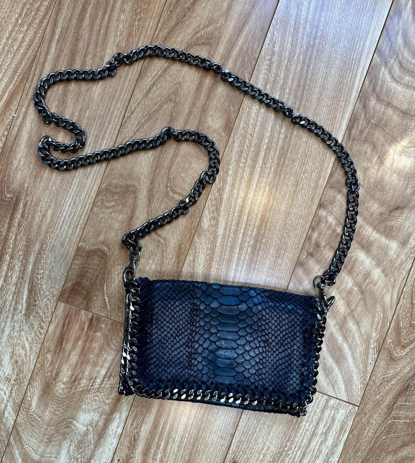 Italian Leather Python Embossed Chain Crossbody Clutch Black Made in Italy Purse