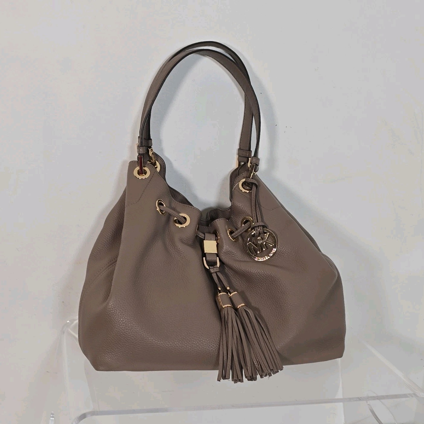 Michael Kors Taupe Shoulder Bag Drawstring Tassel Gold Hardware Women