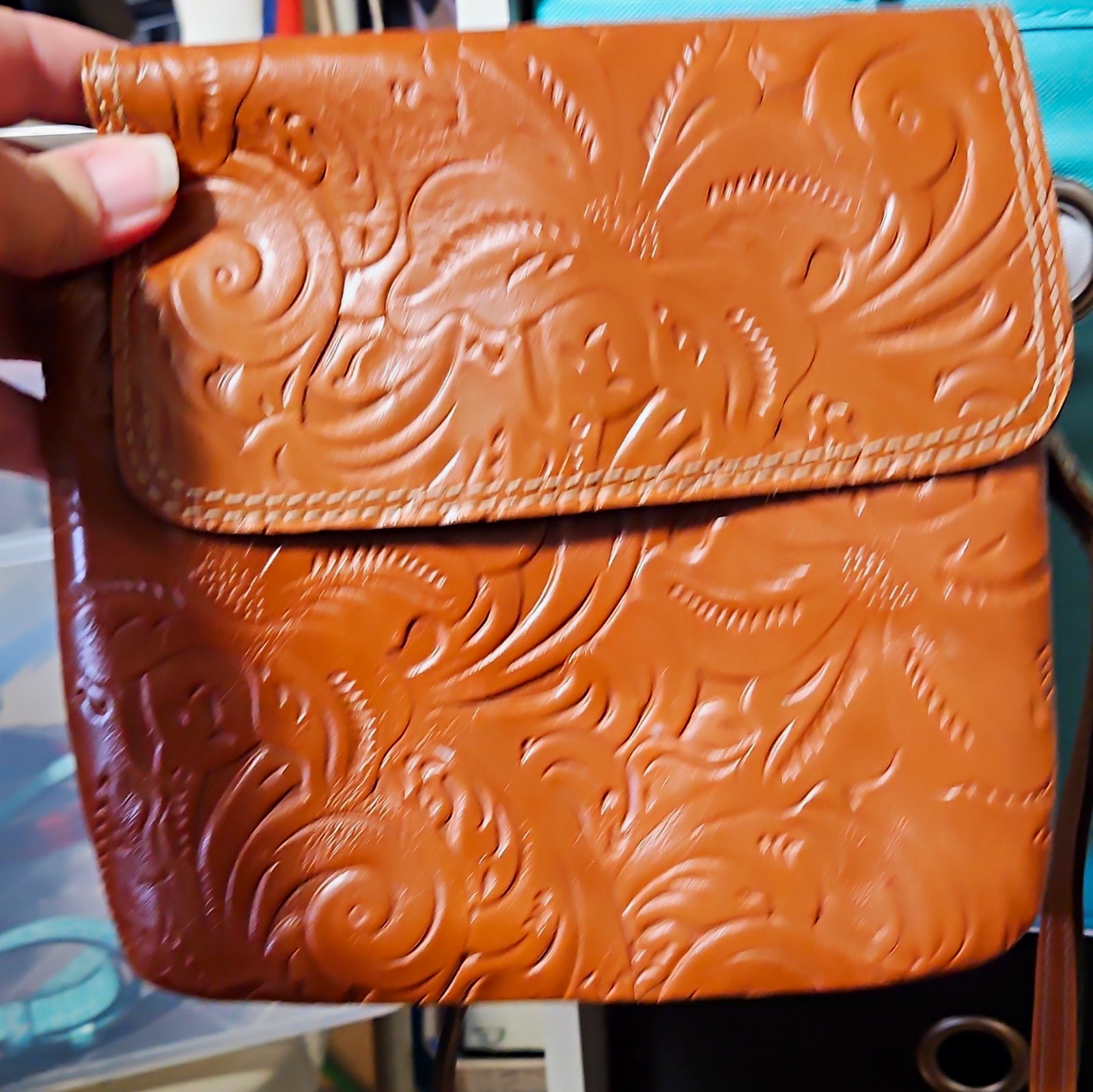 Brown Embossed Crossbody Bag Magnetic Flap Zip Pockets Gold Hardware